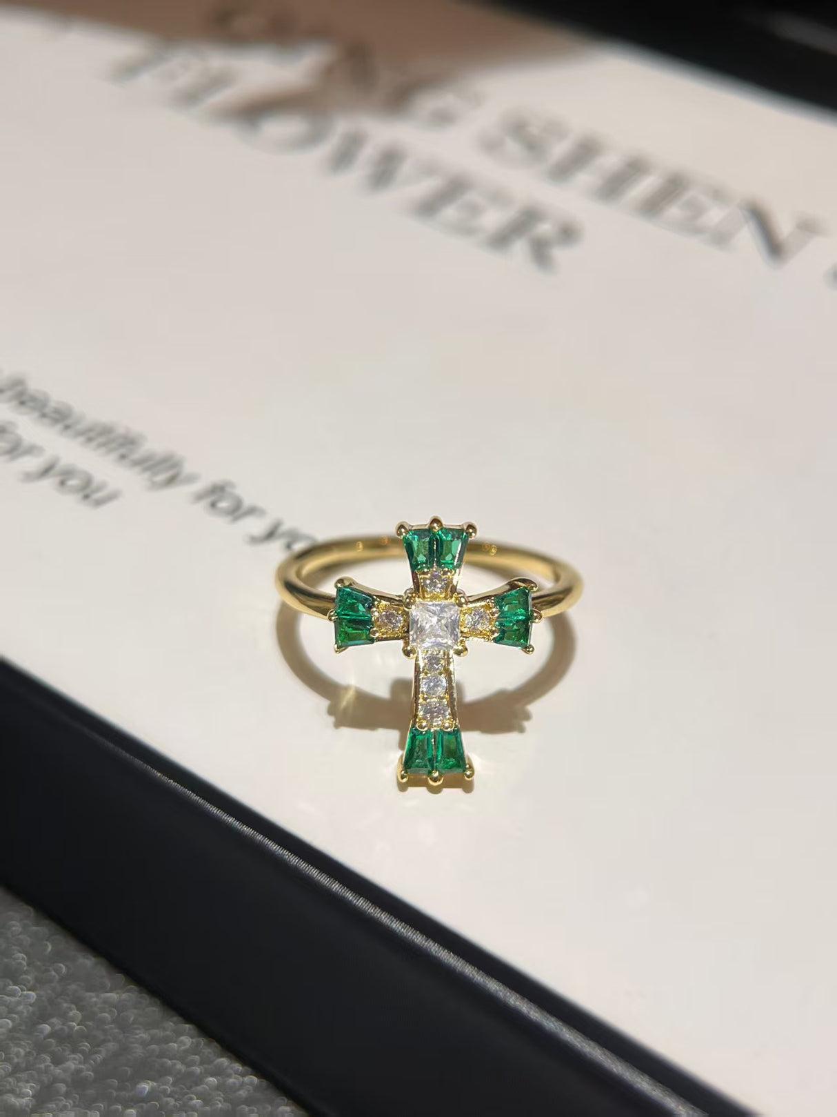 Emerald Cross Statement Ring
