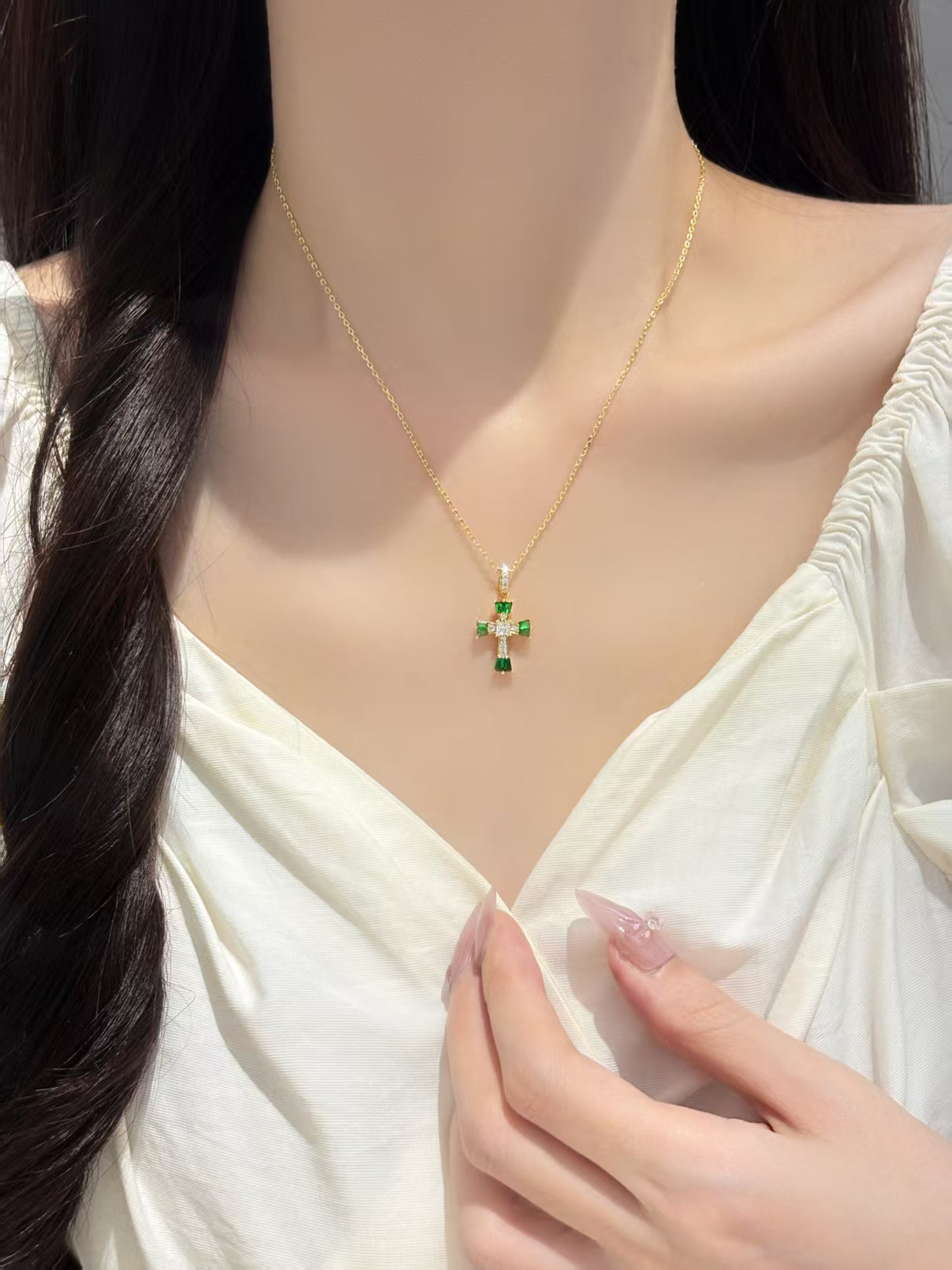 Emerald Cross Blessing Necklace
