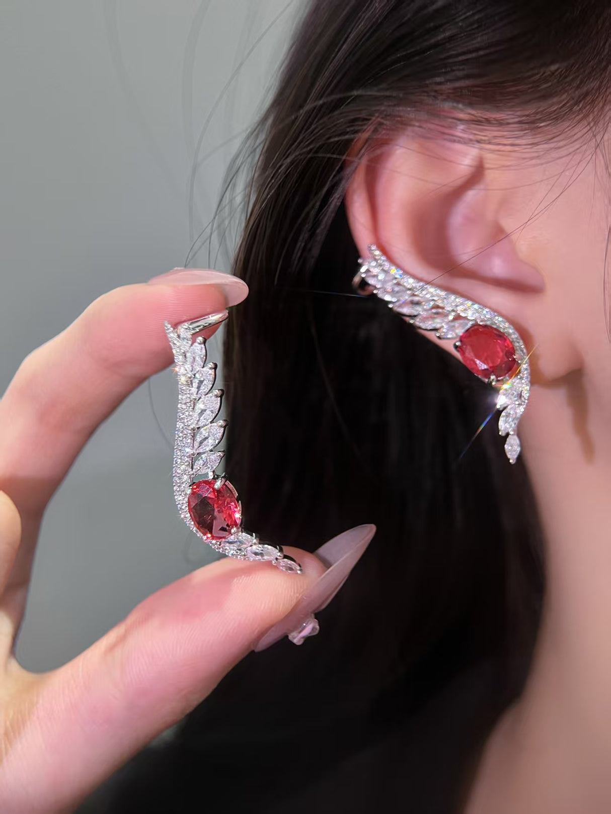Deep Red Lab-Grown Diamond Wing Earrings