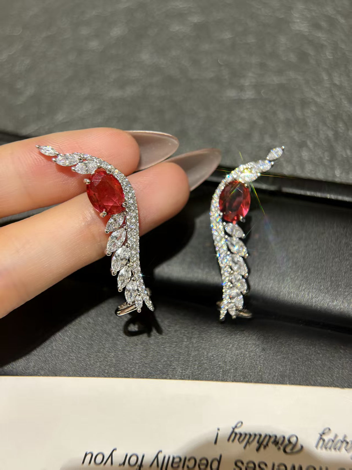 Deep Red Lab-Grown Diamond Wing Earrings