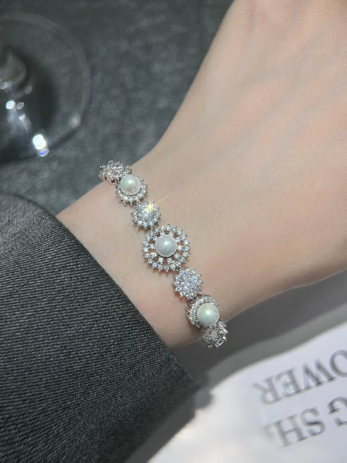 Snowflake White Resin CZ Sterling Silver Bracelet