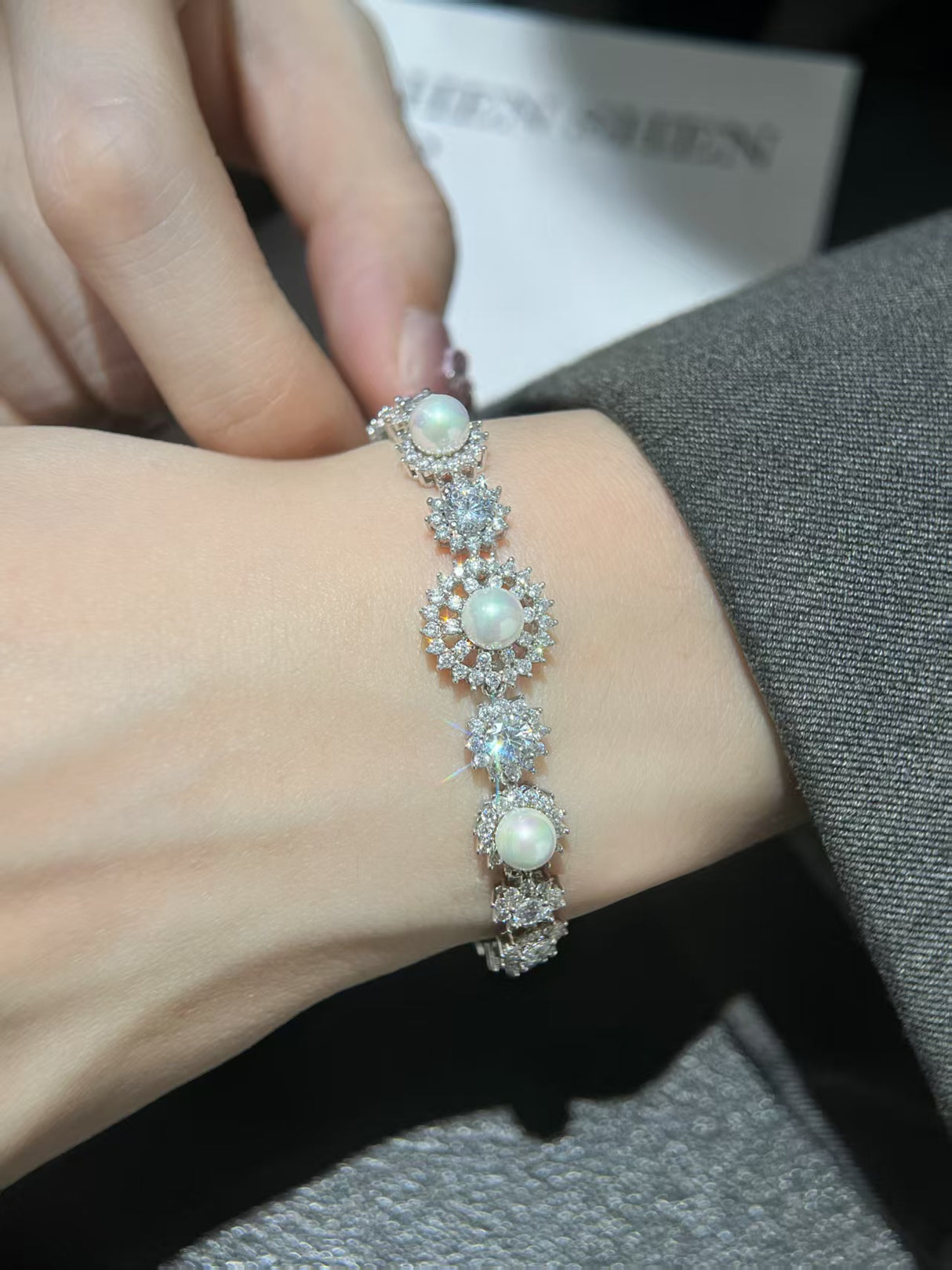 Snowflake White Resin CZ Sterling Silver Bracelet