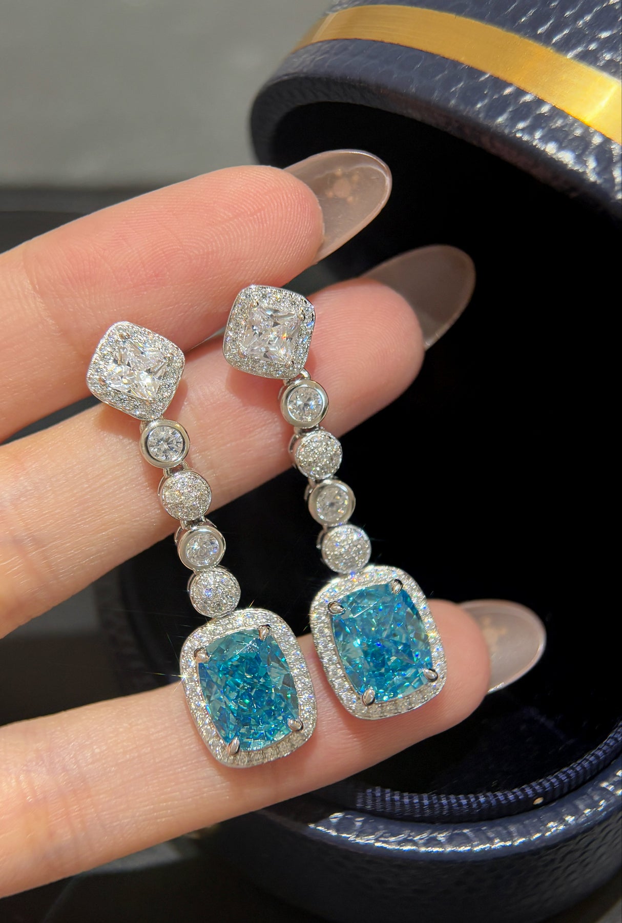 Rectangular Blue Ice Flower Earrings