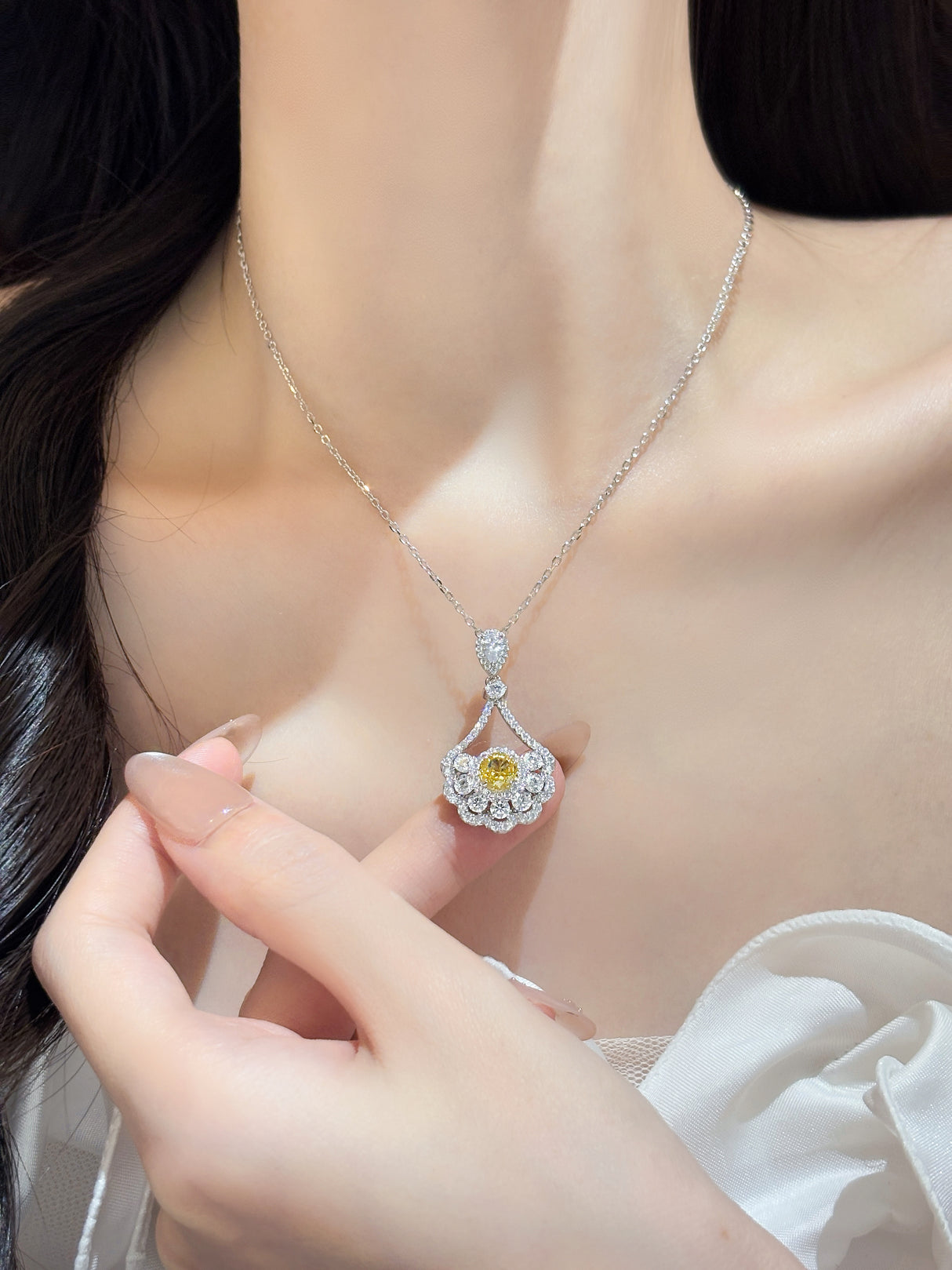 Yellow CZ Drop Halo Pendant Necklace