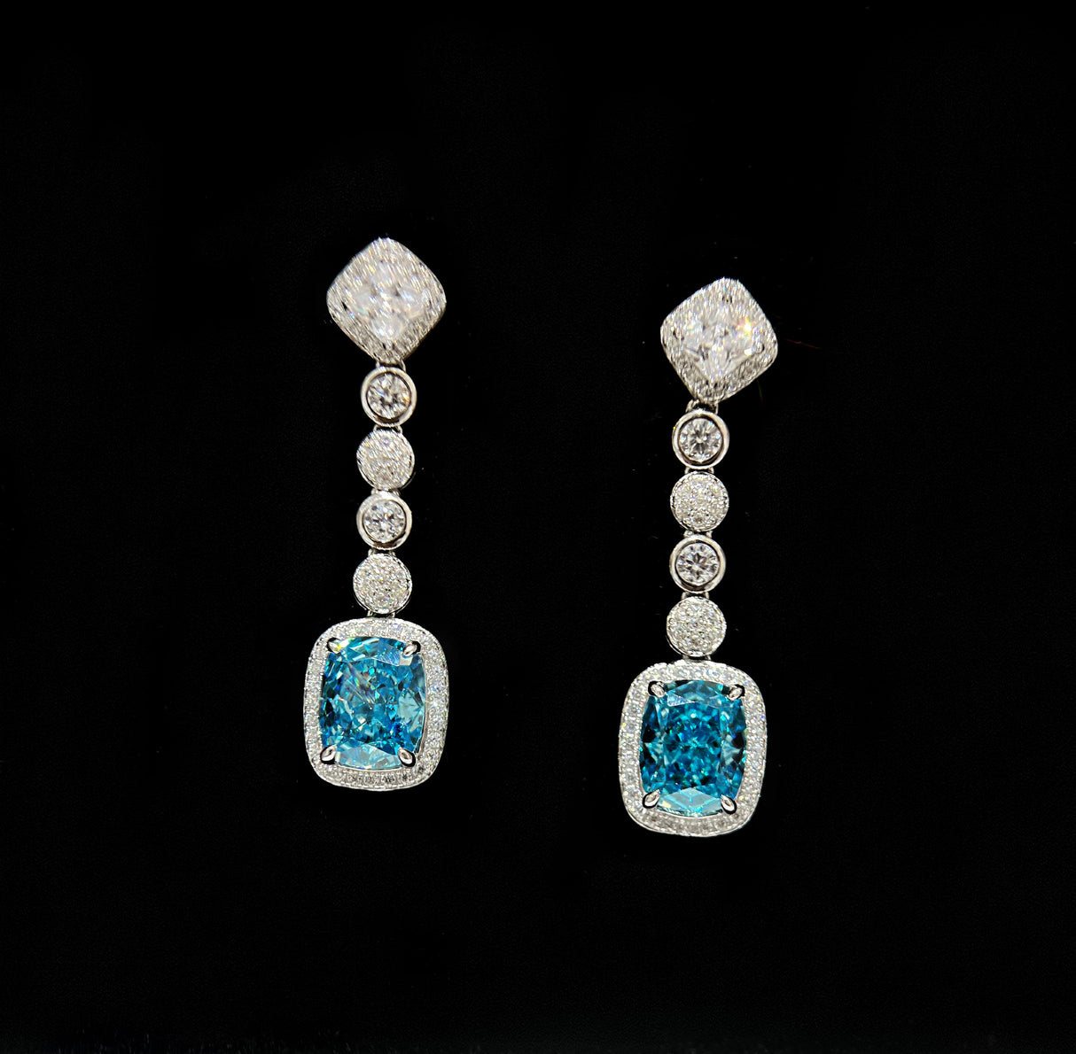 Rectangular Blue Ice Flower Earrings