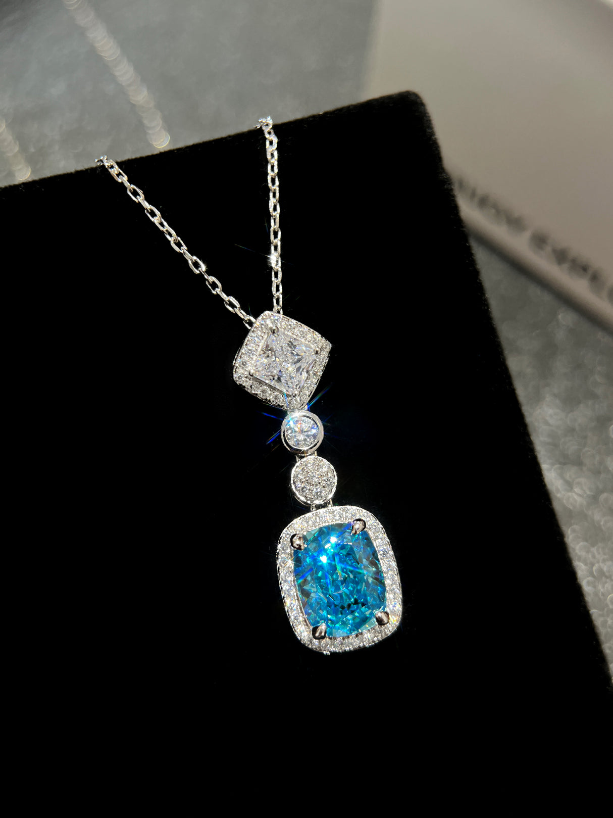 Rectangular Blue Ice Flower Necklace