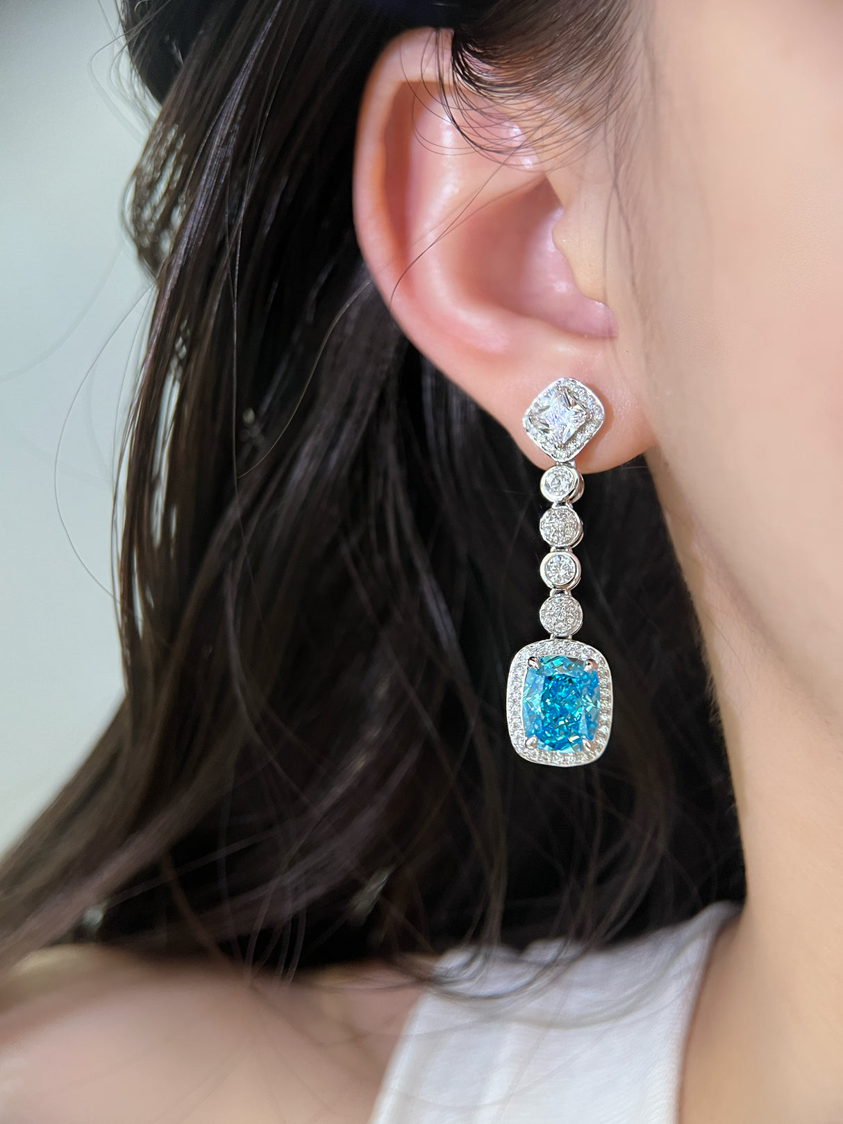 Rectangular Blue Ice Flower Earrings