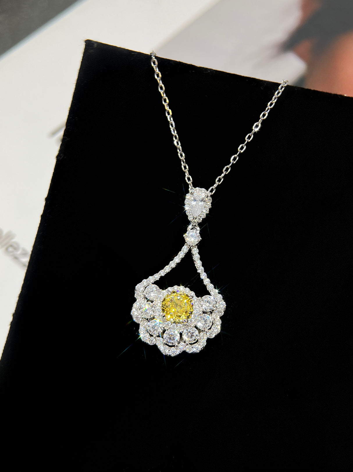 Yellow CZ Drop Halo Pendant Necklace