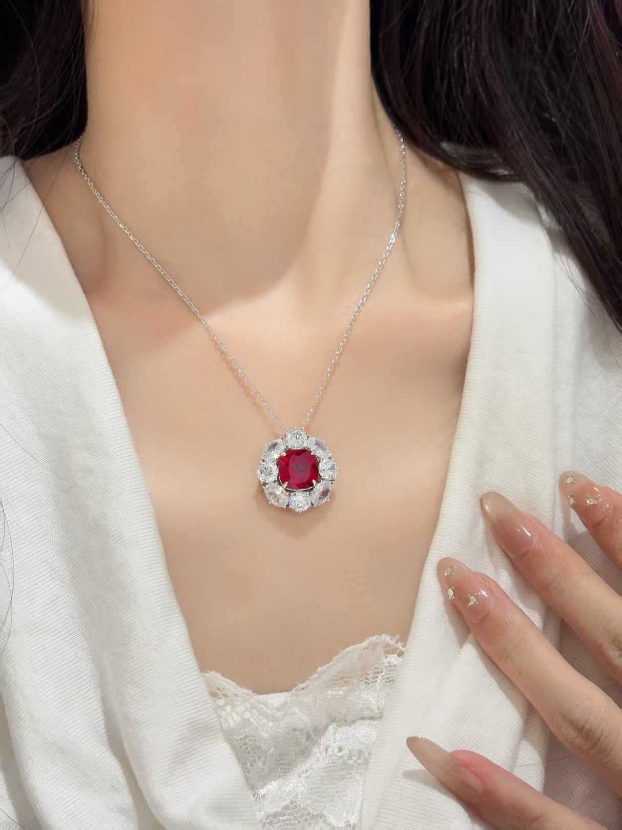 Red Corundum Halo Pendant Necklace