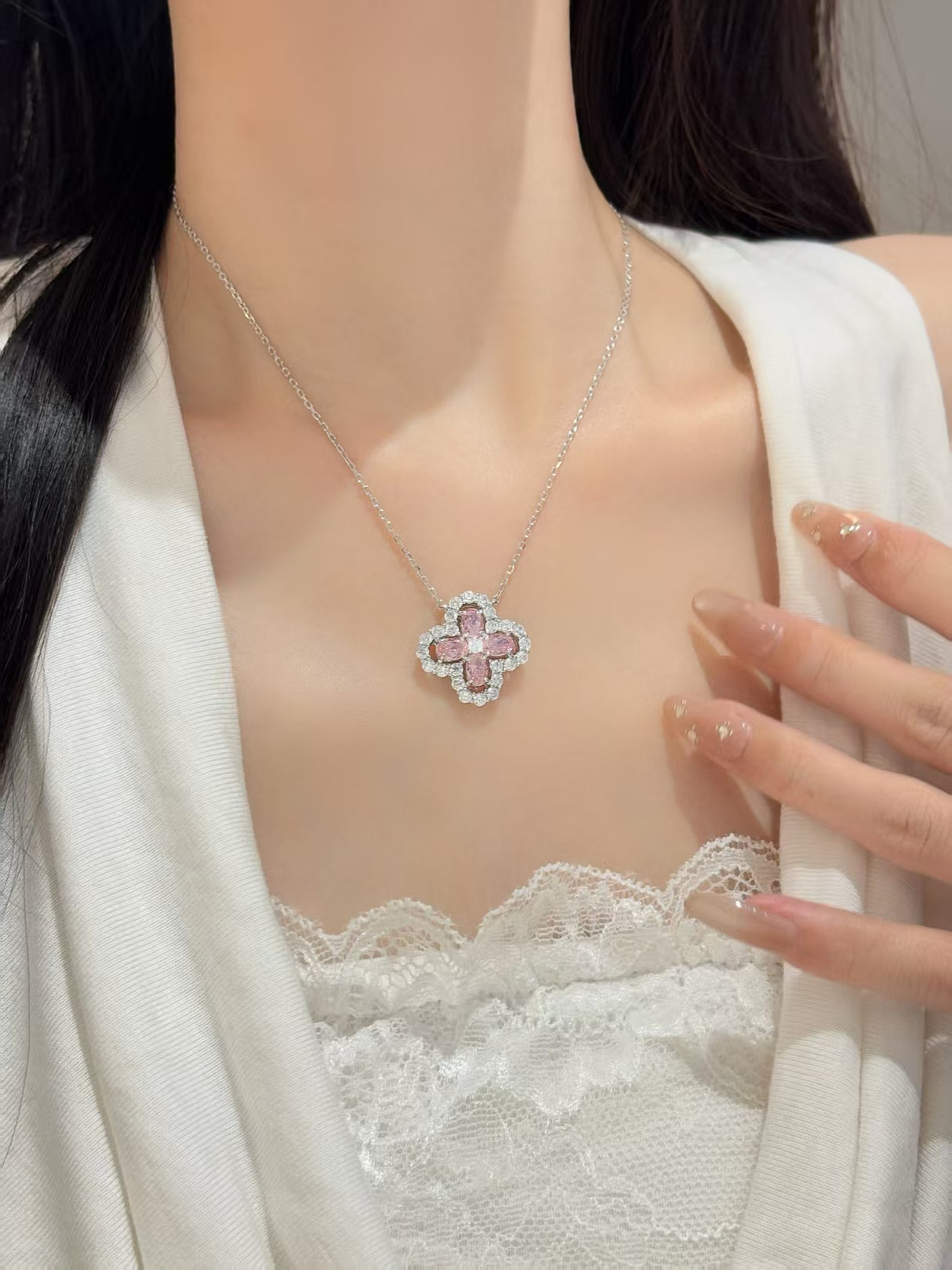 Pink four-leaf clover necklace
