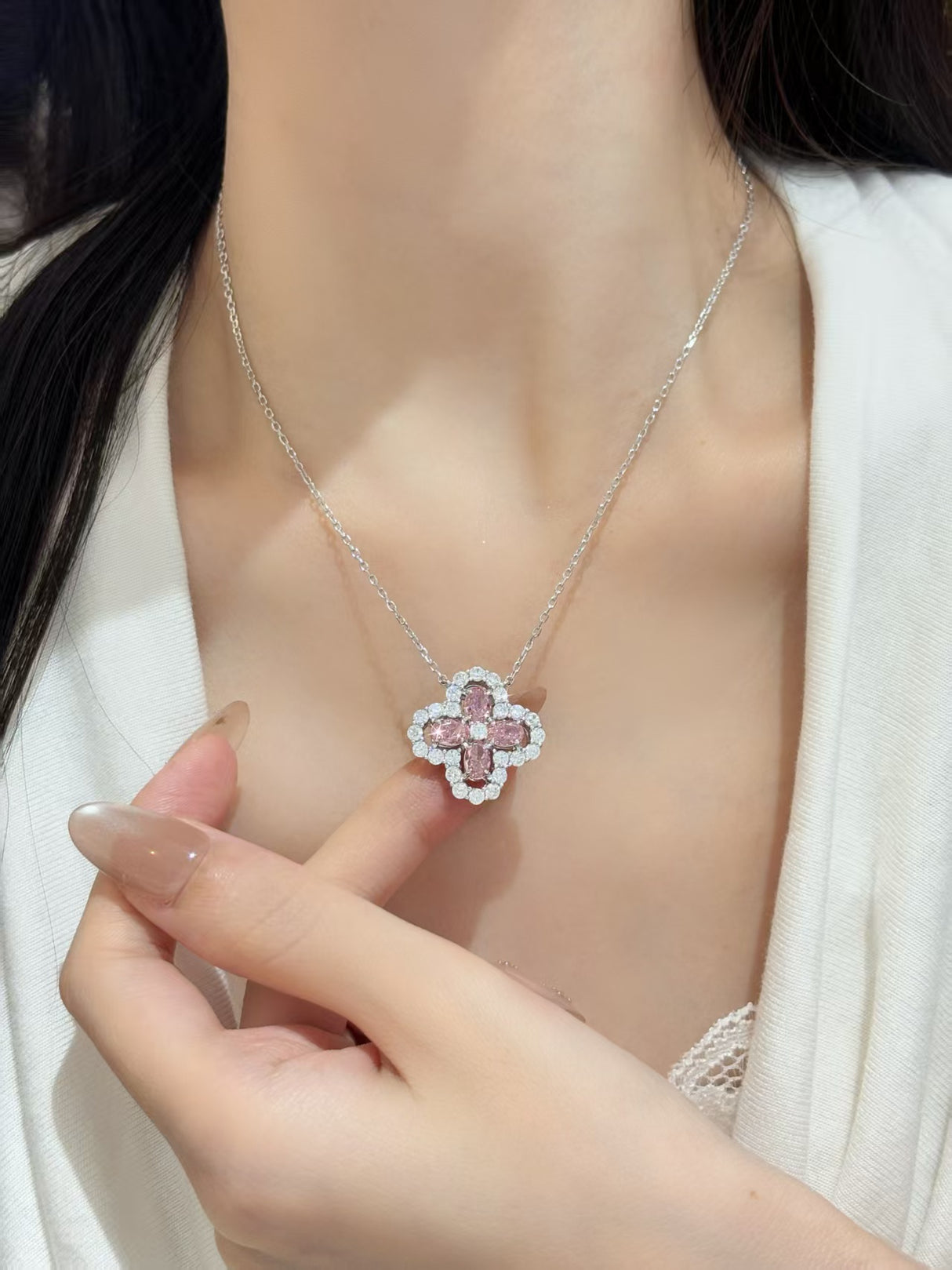 Pink four-leaf clover necklace