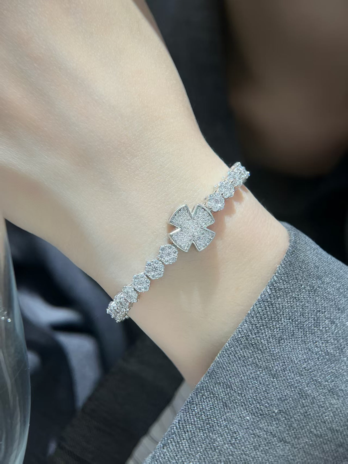 Silver - Toned Lab-Grown Diamond Four - Leaf Bracelet