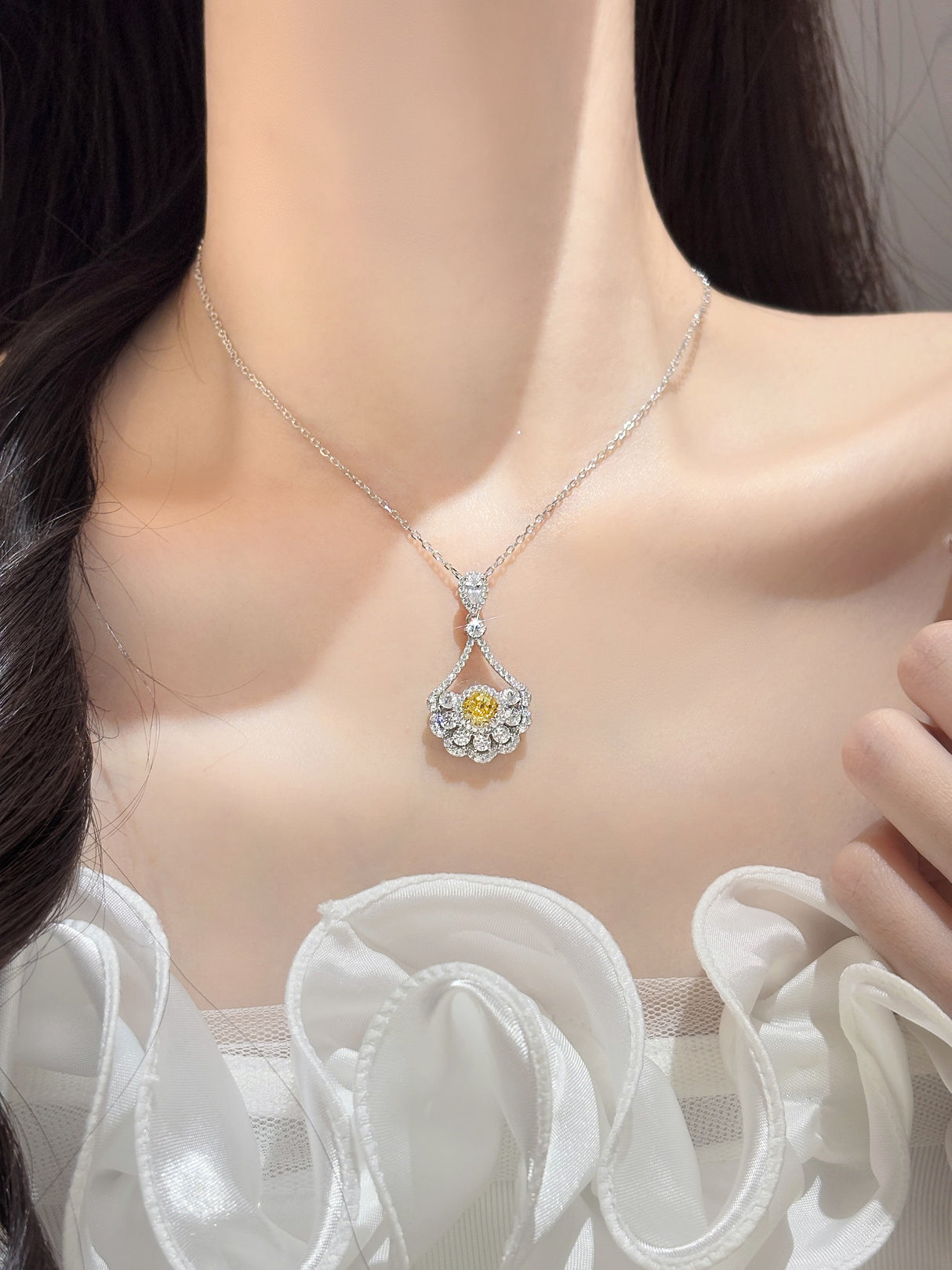 Yellow CZ Drop Halo Pendant Necklace