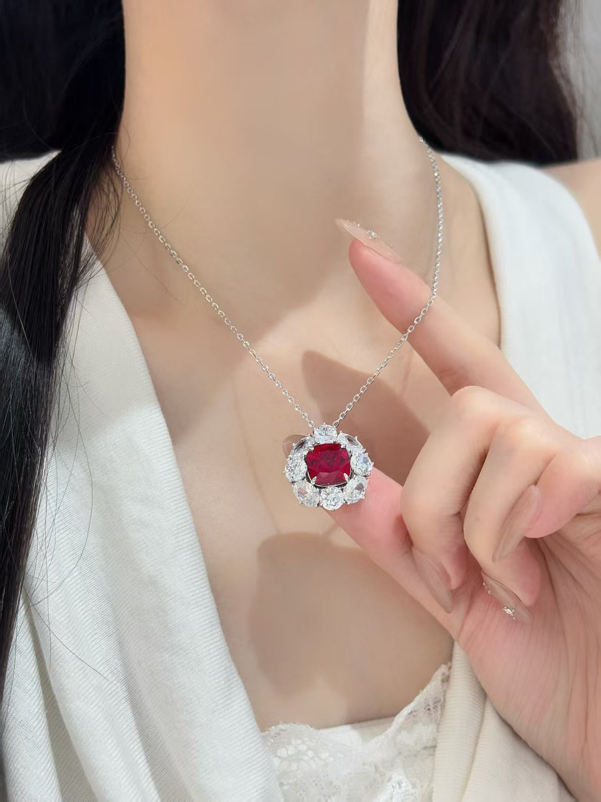 Red Corundum Halo Pendant Necklace