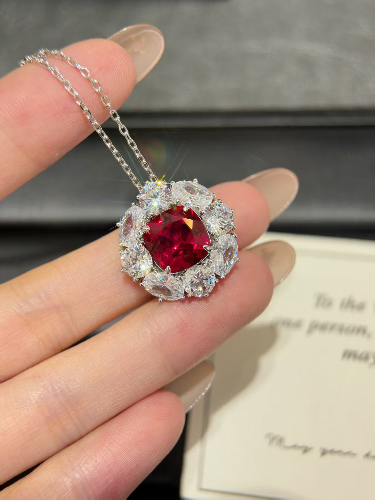 Red Corundum Halo Pendant Necklace
