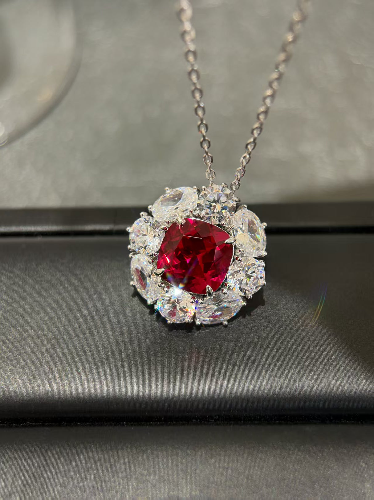 Red Corundum Halo Pendant Necklace